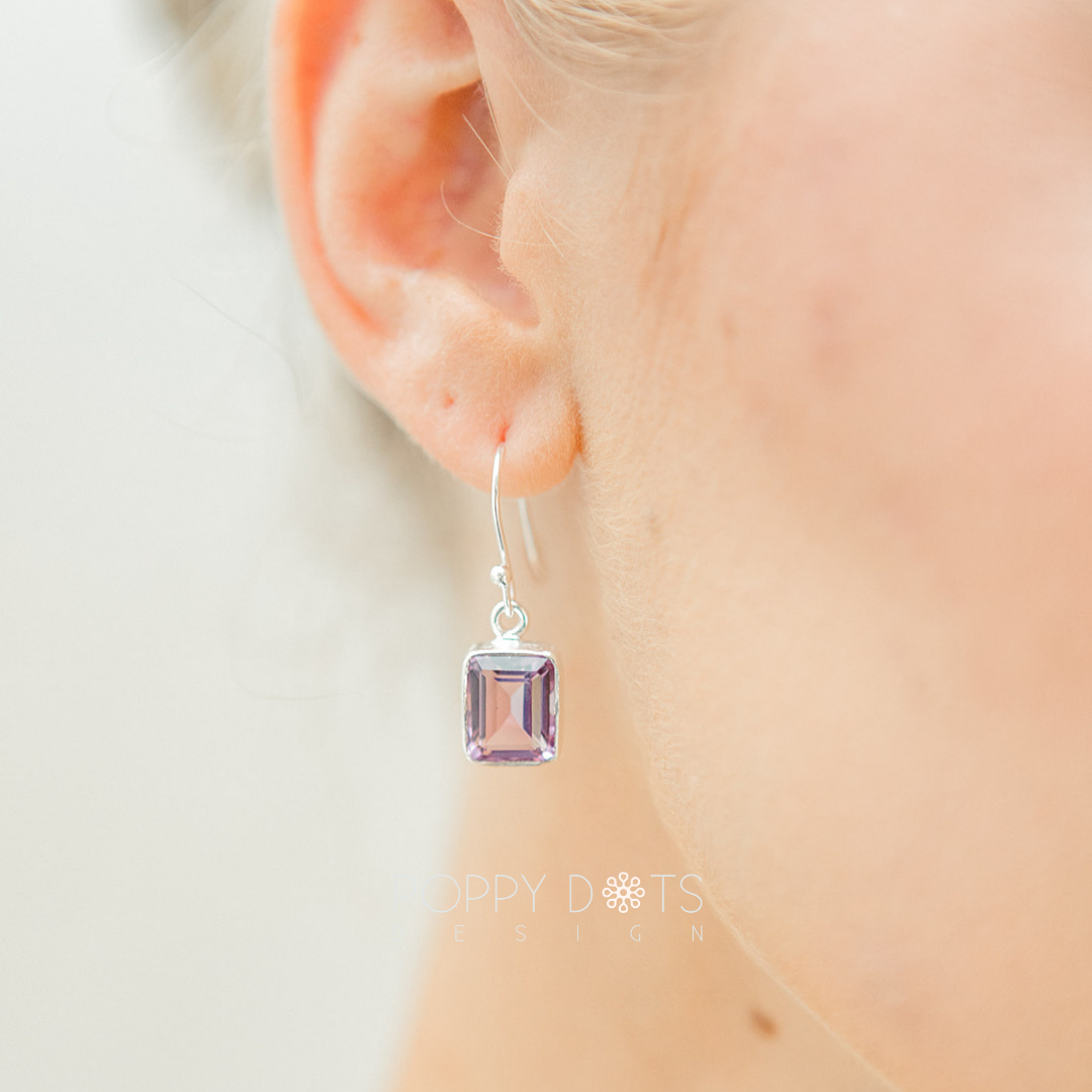 Sterling Silver Rectangular Purple Amethyst Earrings