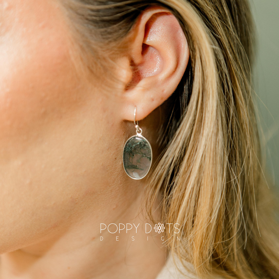 Sterling Silver Oval Moss Agate Earrings