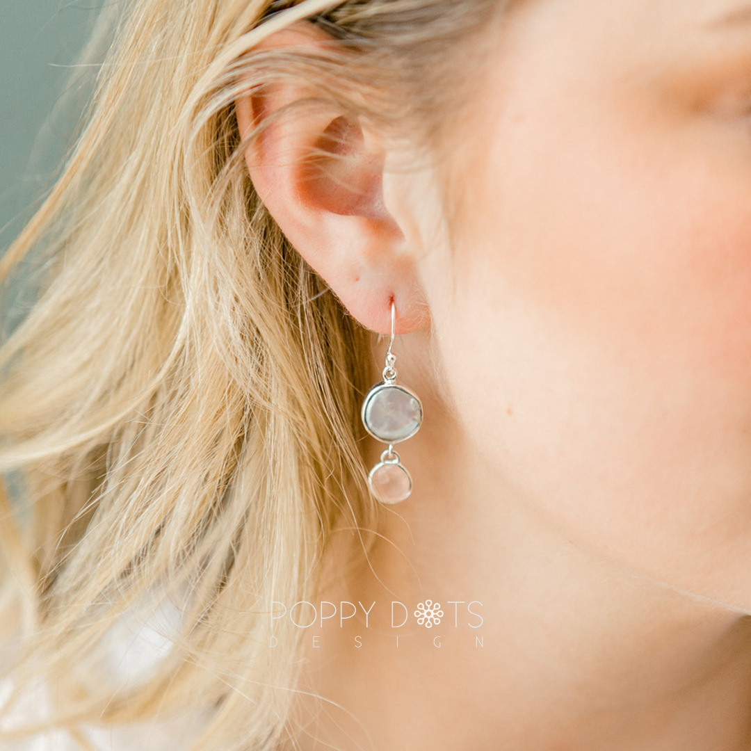 Luxurious Sterling Silver Coin Pearl Rose Quartz Earrings
