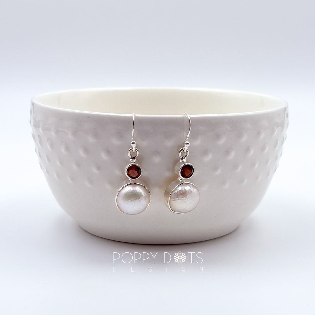 Sterling Silver Pearl and Garnet Earrings