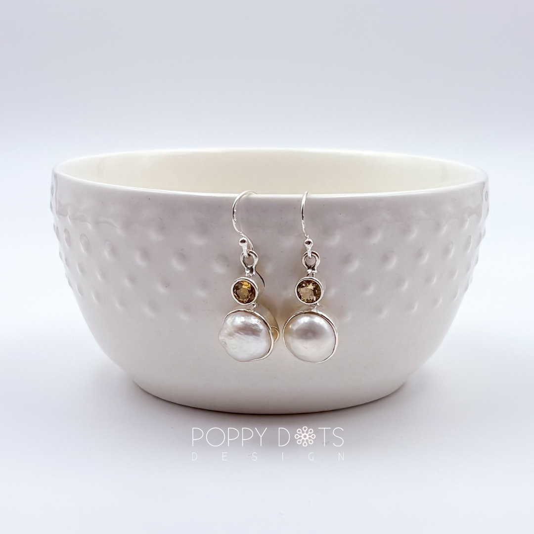 Sterling Silver Pearl & Citrine Quartz Earrings