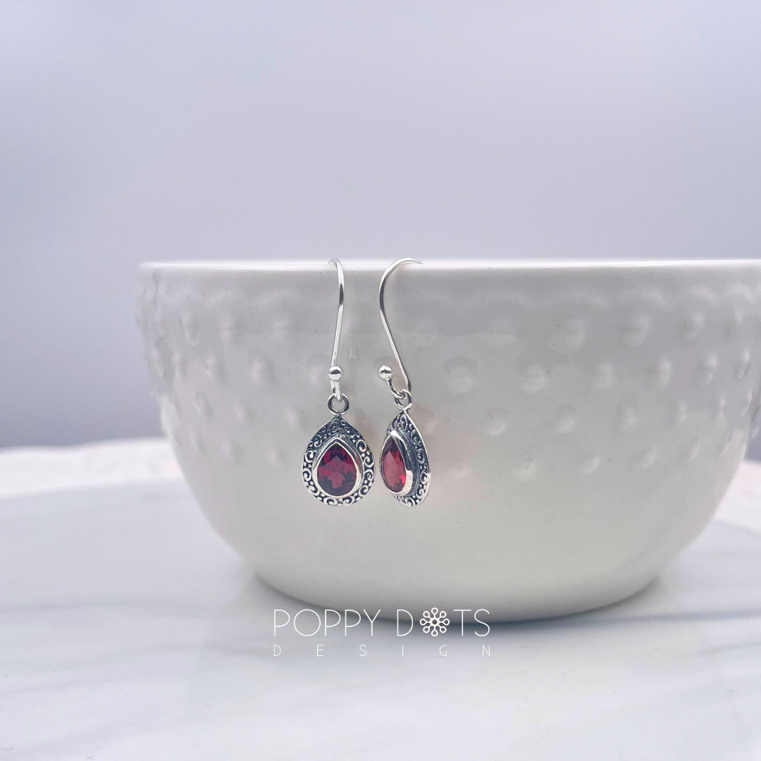 Sterling Silver Dainty Garnet Teardrop Earrings