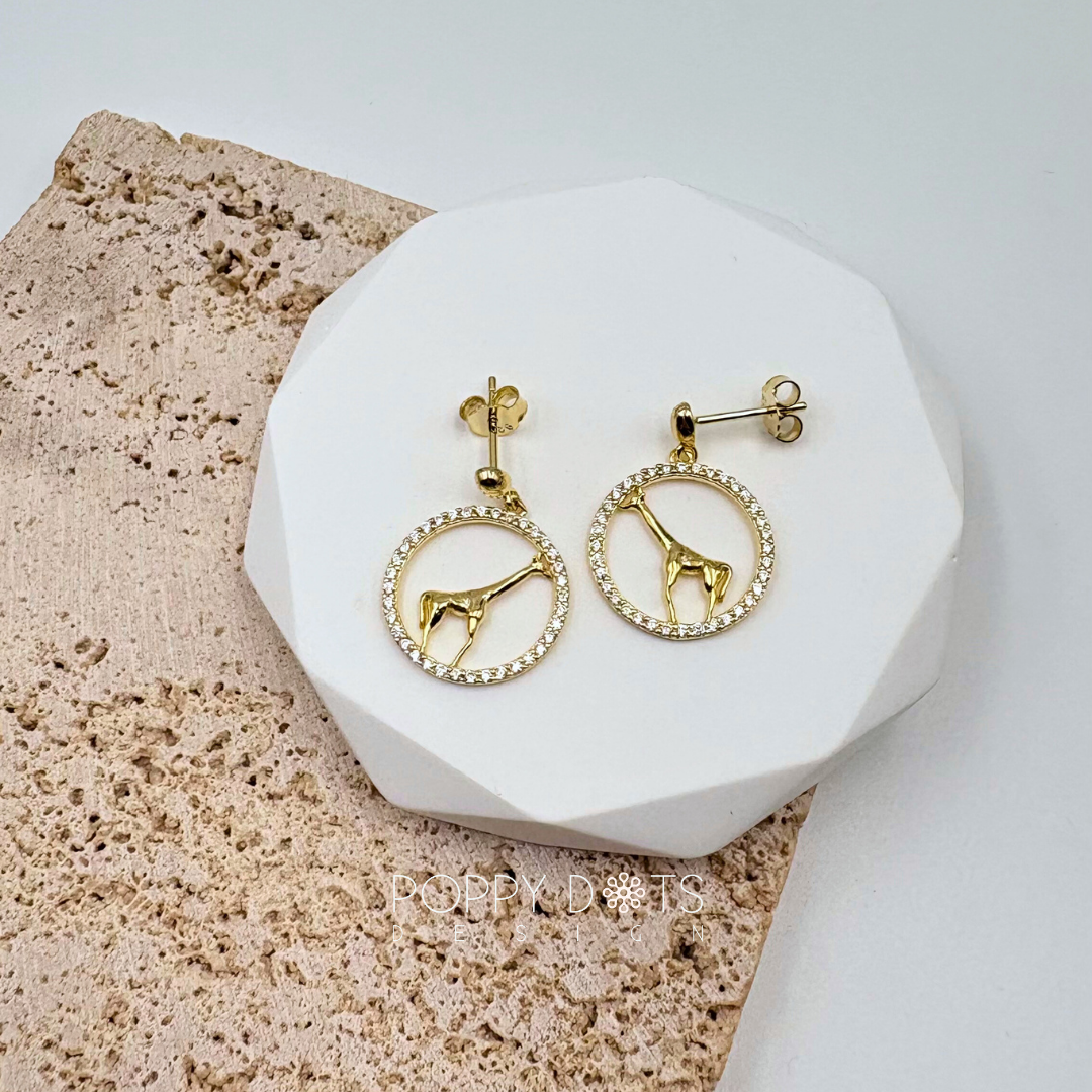 Sterling Silver Gold Plated Giraffe in Zirconia Circle Stud Earrings