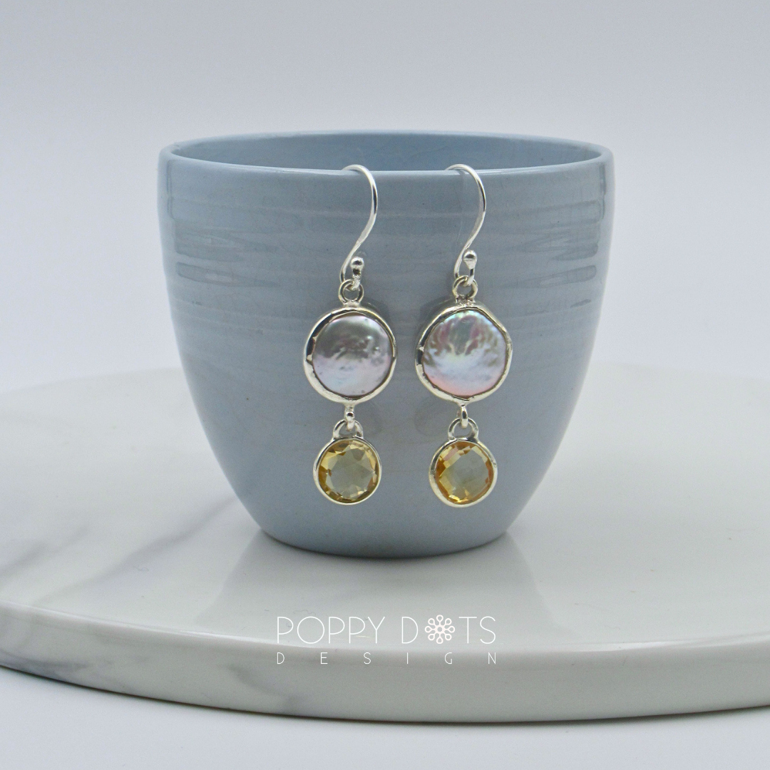 Luxurious Sterling Silver Coin Pearl Citrine Quartz Earrings