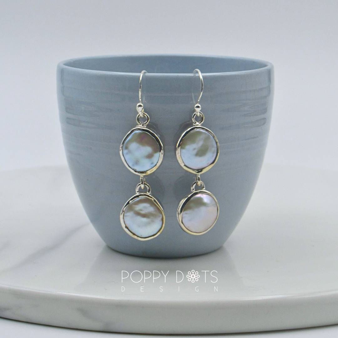 Luxurious Sterling Silver Double Coin Pearl Earrings