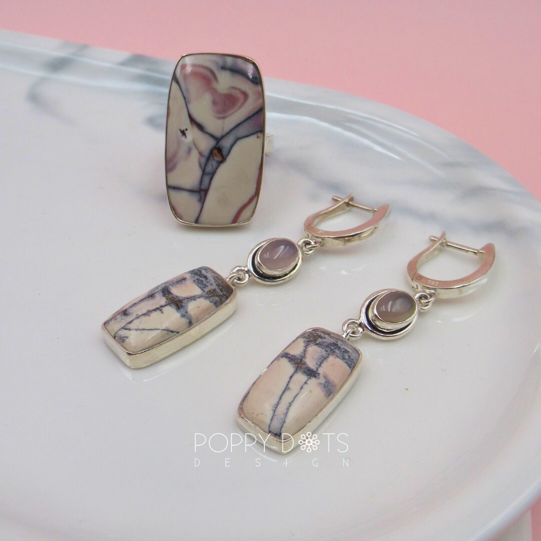 Luxurious Sterling Silver Butterfly Jasper Earrings and Ring Set