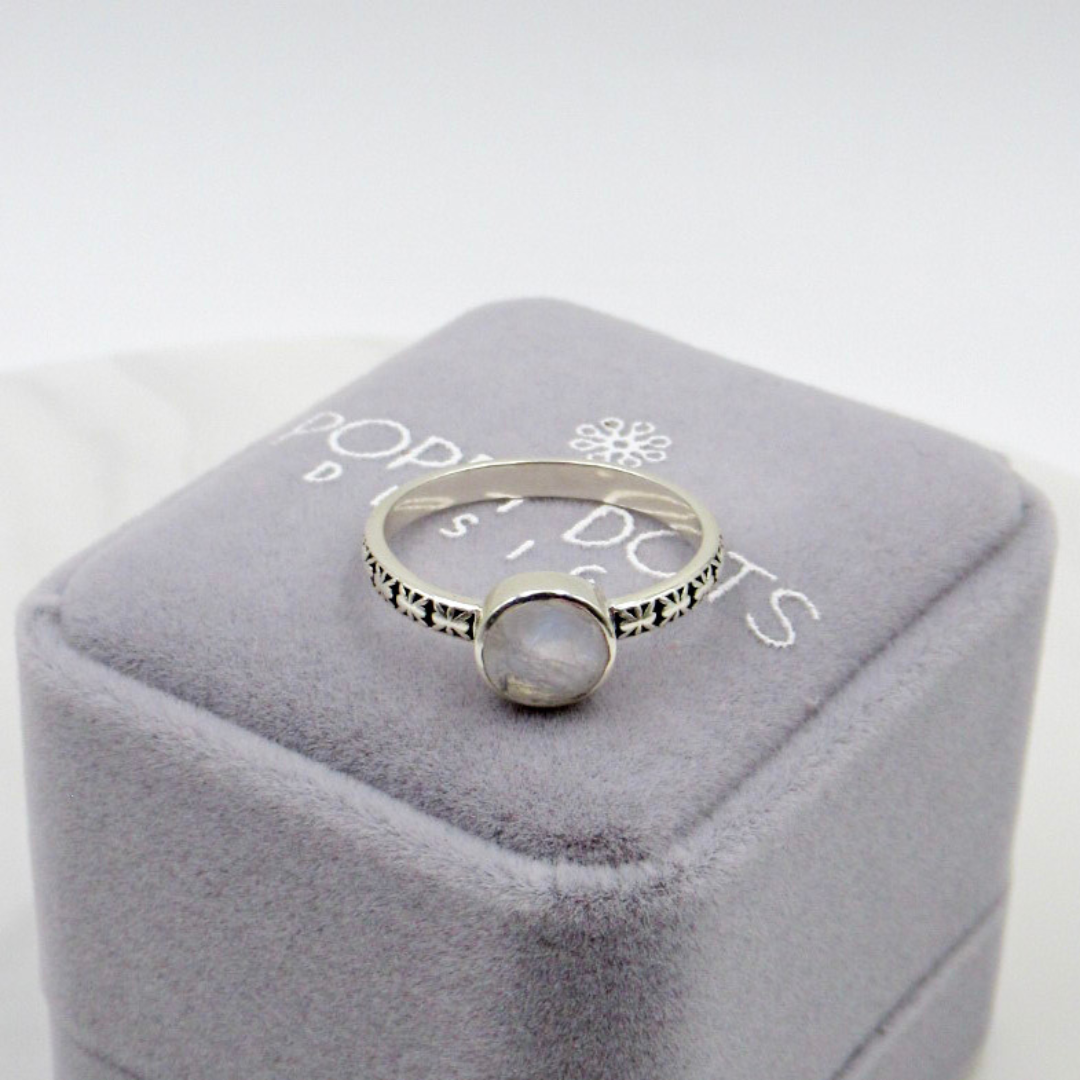 Sterling Silver Engraved Band Round Moonstone Ring