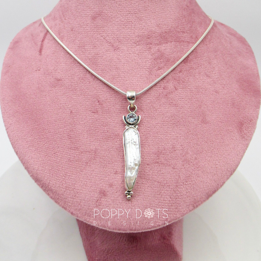 Sterling Silver Baroque Pearl and Blue Topaz Pendant