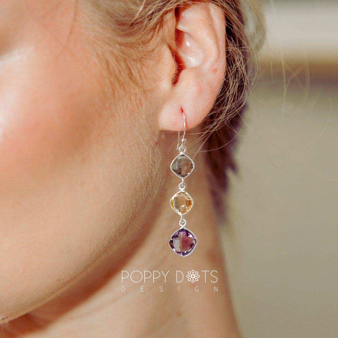 Sterling Silver green and purple Amethyst and Citrine Quartz Triple Earrings