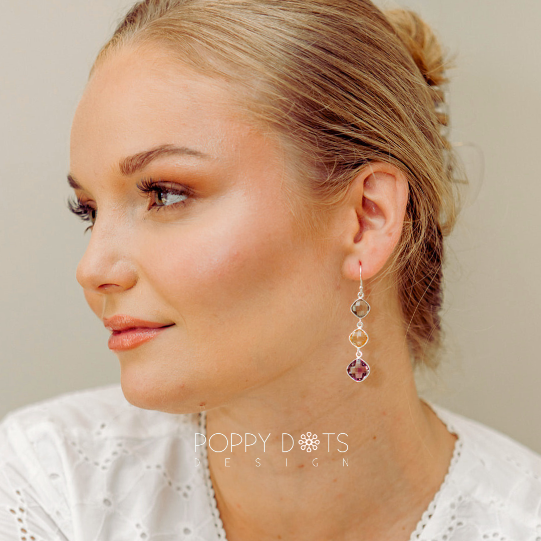 Sterling Silver green and purple Amethyst and Citrine Quartz Triple Earrings