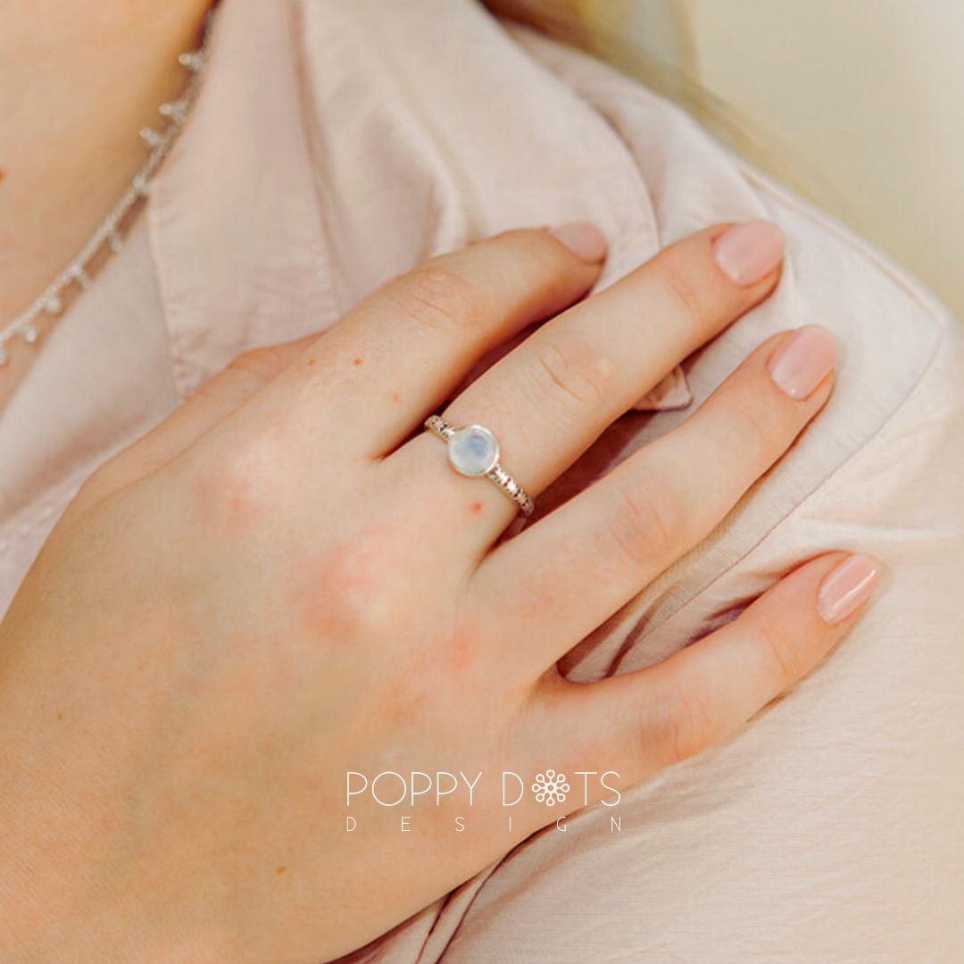 Sterling Silver Engraved Band Round Moonstone Ring
