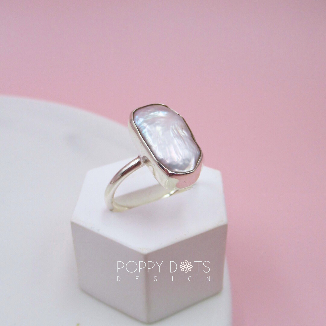 Sterling Silver Rectangular Baroque Pearl Ring