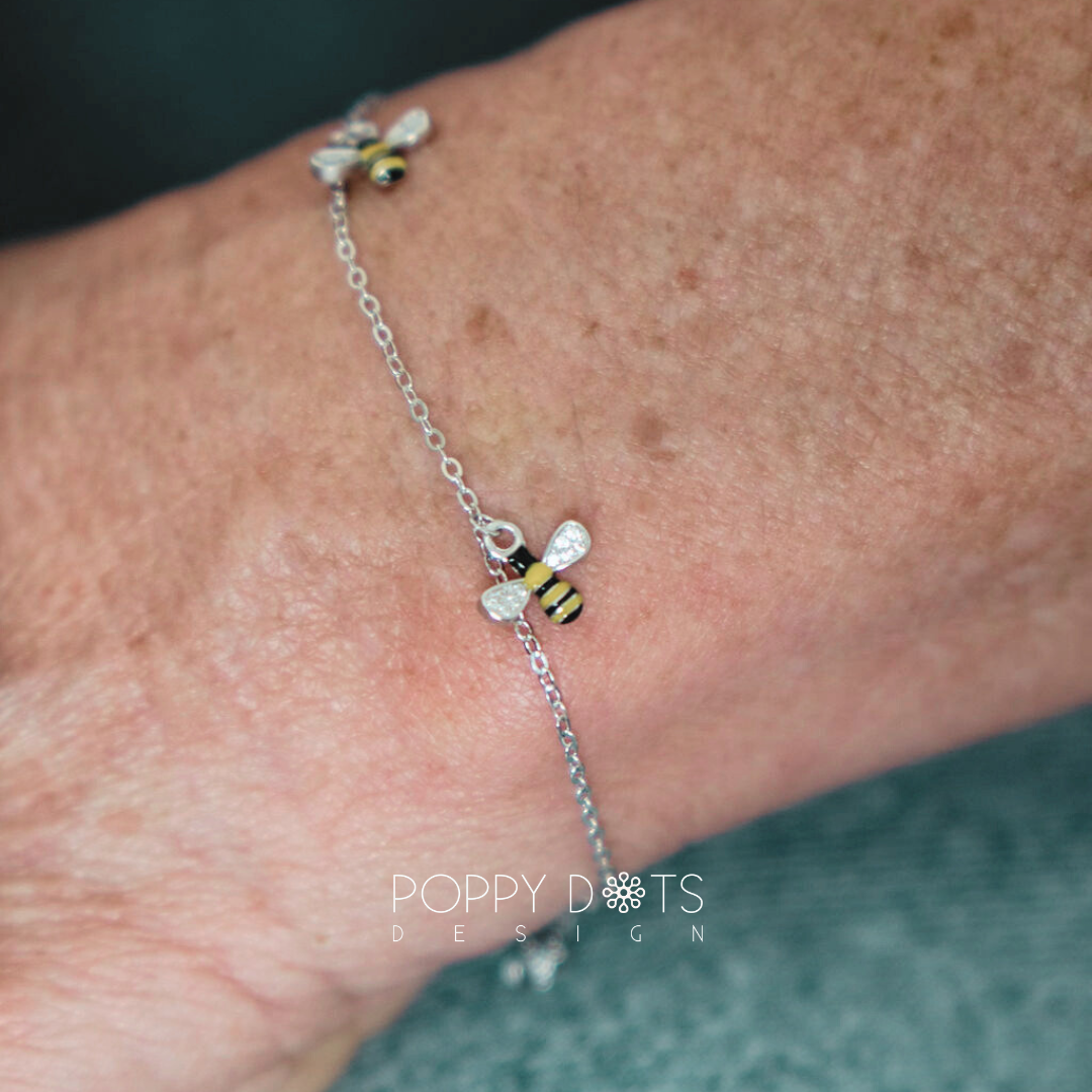 Sterling Silver Enamel and Zirconia Yellow Bee Bracelet