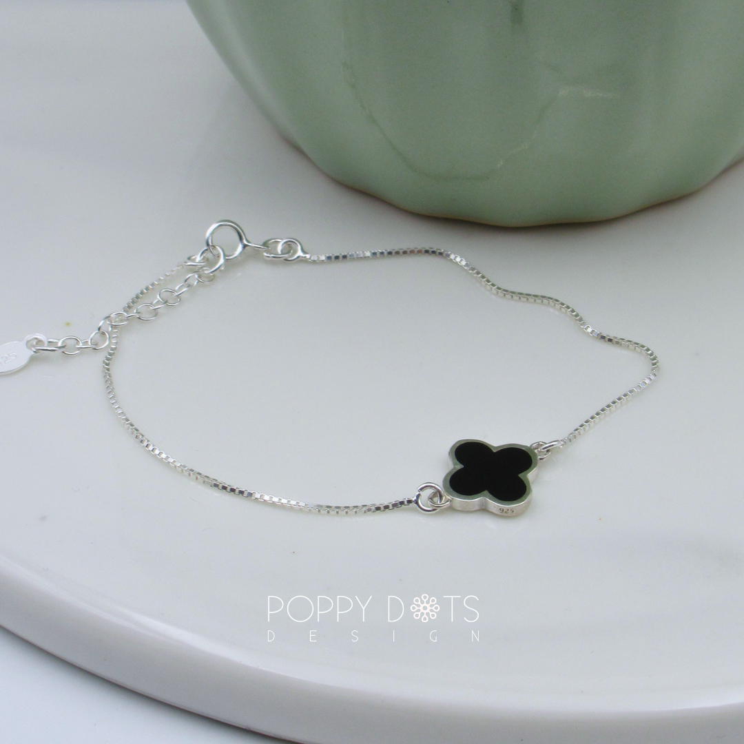 Sterling Silver Black Four Leaf Flower Bracelet