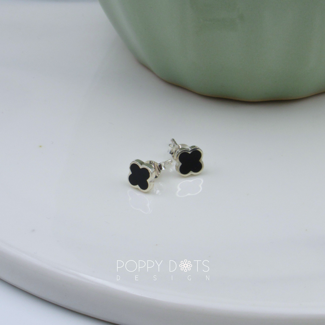 Sterling Silver Black Four Leaf Flower Studs