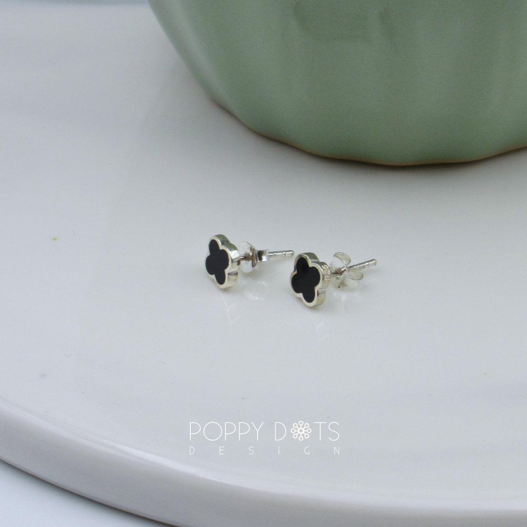 Sterling Silver Black Four Leaf Flower Studs