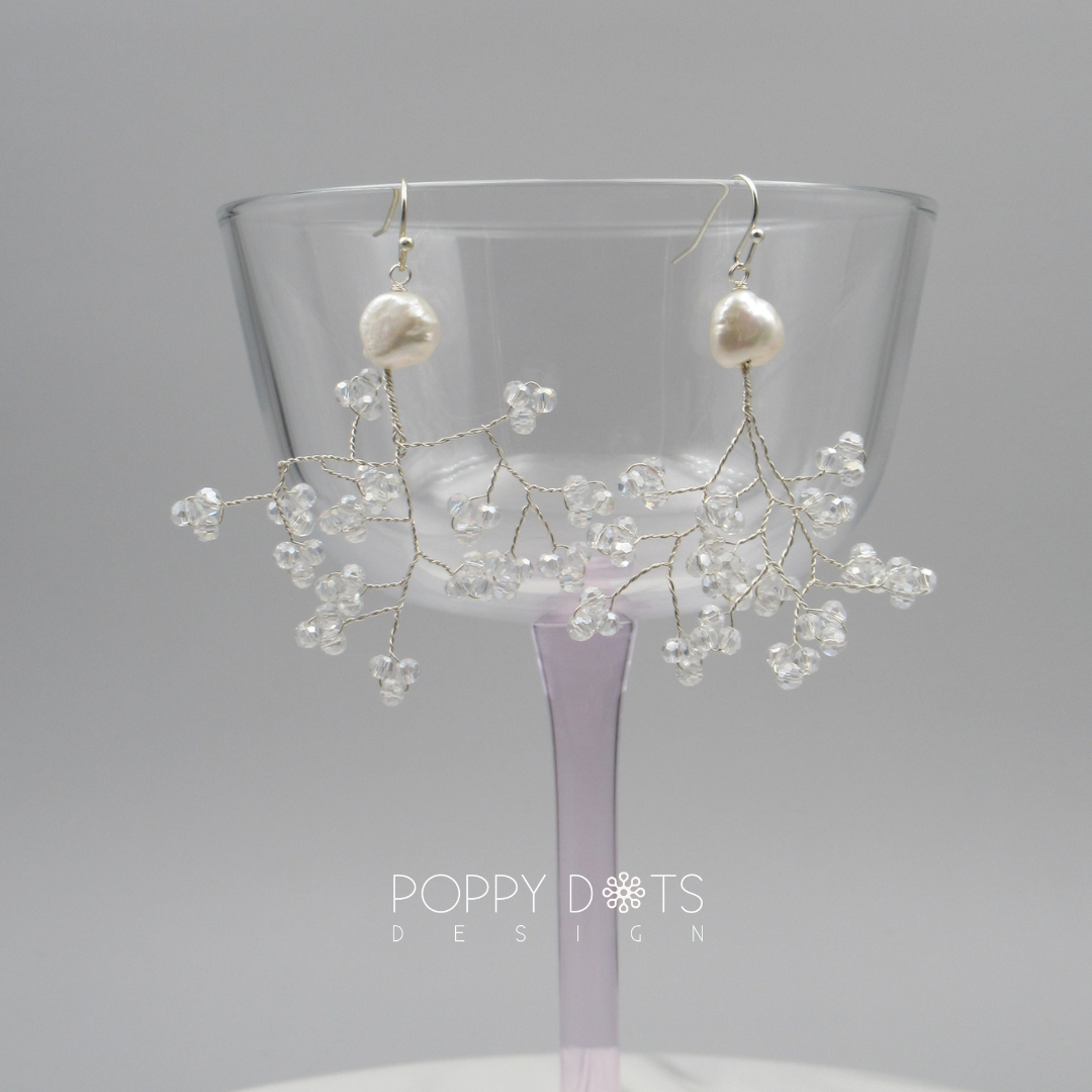 Sterling Silver Blossom Veil Pearl and Crystal Earrings