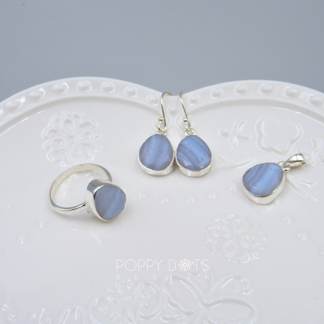 Luxurious Sterling Silver Blue Lace Agate Earrings, Ring and Pendant Set