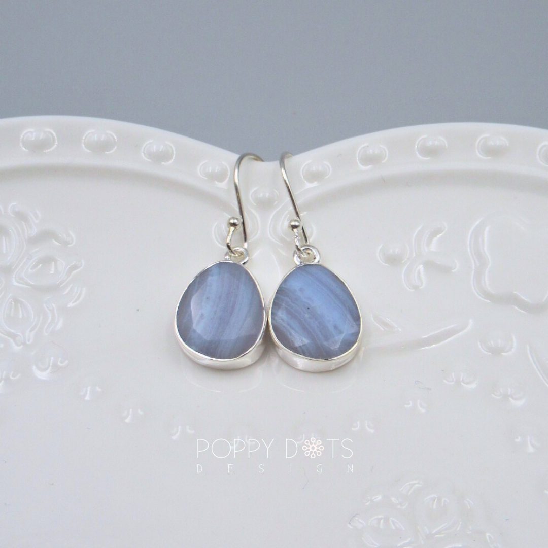 Luxurious Sterling Silver Blue Lace Agate Earrings, Ring and Pendant Set
