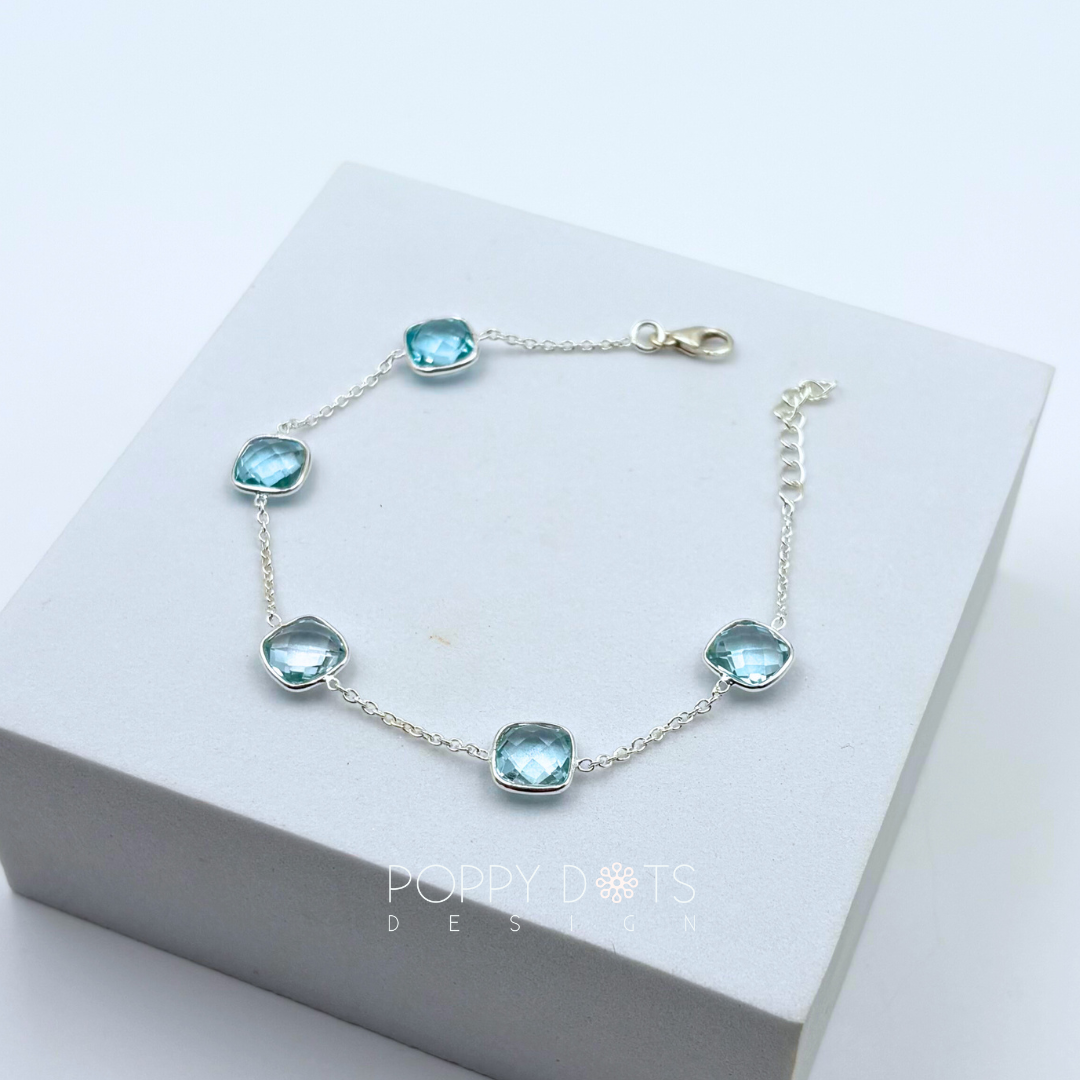 Sterling Silver Square Cushion Cut Blue Topaz Bracelet