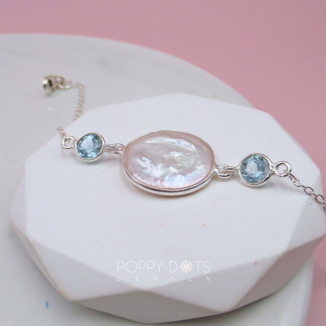 Sterling Silver Freshwater Coin Pearl and Blue Topaz Bracelet