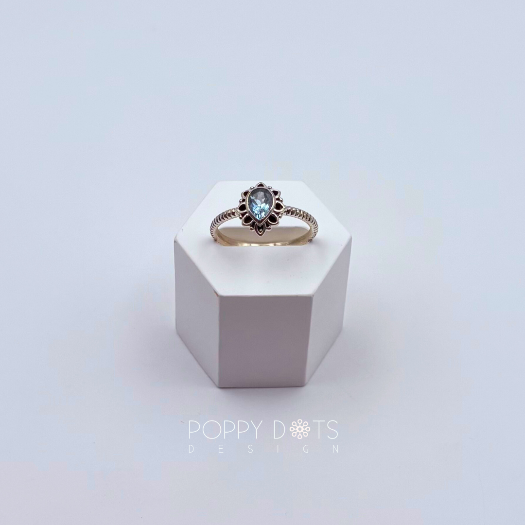 Sterling Silver Filigree Teardrop Blue Topaz Ring