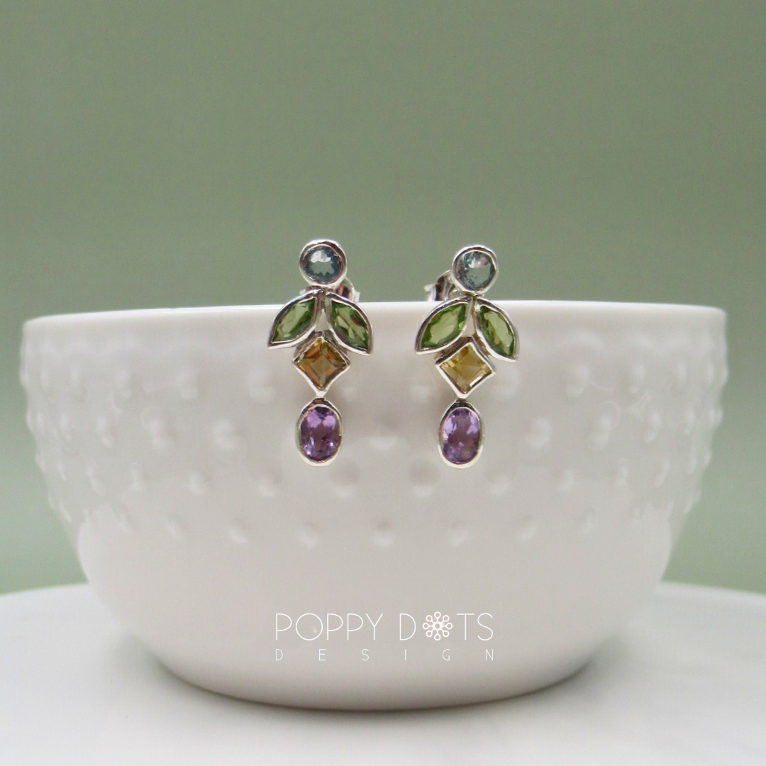 Sterling Silver Multicolour modern Blue Topaz, Peridot, Citrine and Amethyst Studs