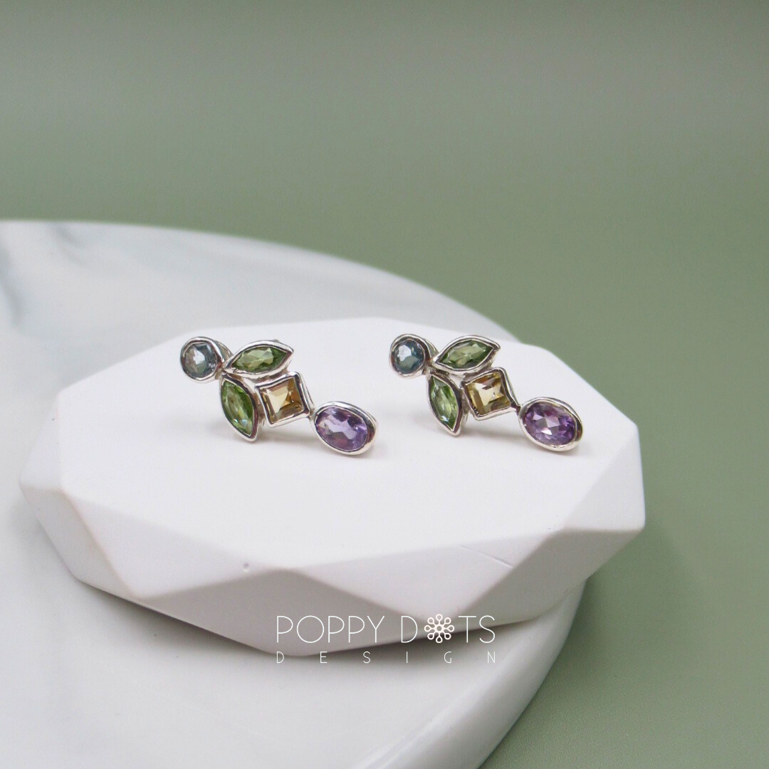 Sterling Silver Multicolour modern Blue Topaz, Peridot, Citrine and Amethyst Studs