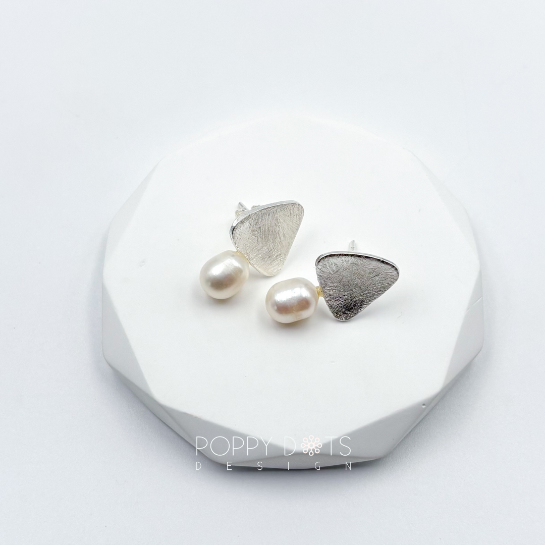 Brushed Sterling Silver Triangle Pearl Studs