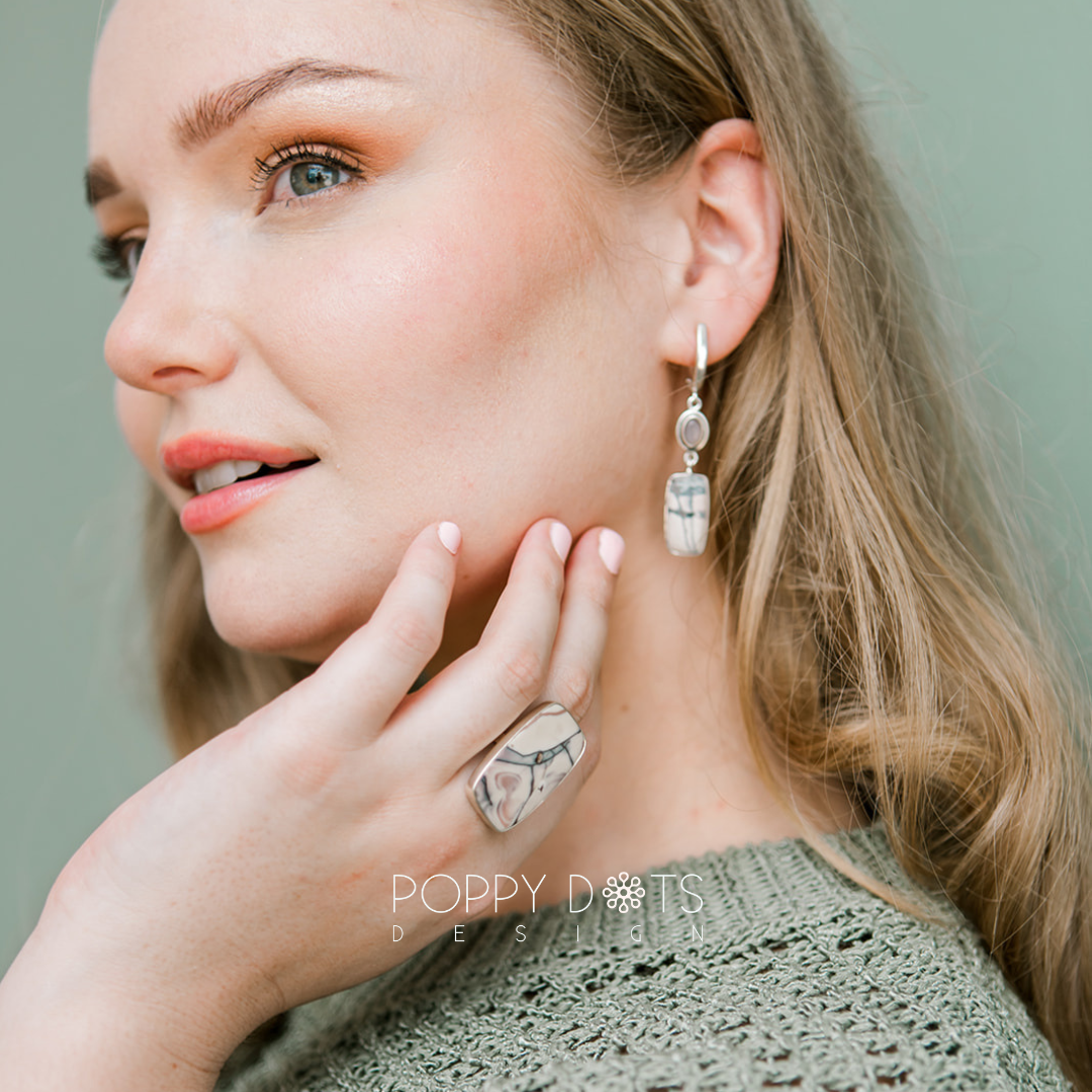 Luxurious Sterling Silver Butterfly Jasper Earrings and Ring Set
