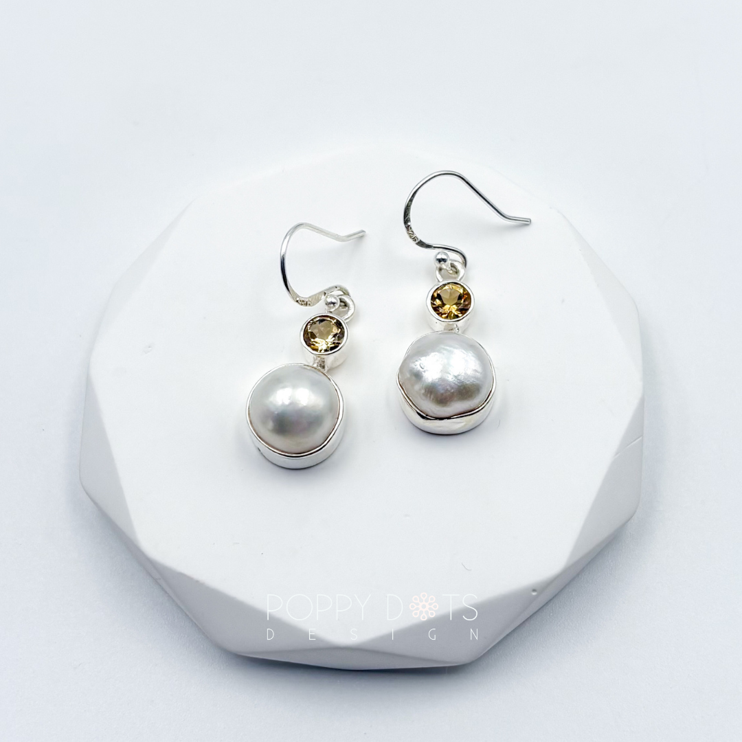 Sterling Silver Pearl & Citrine Quartz Earrings