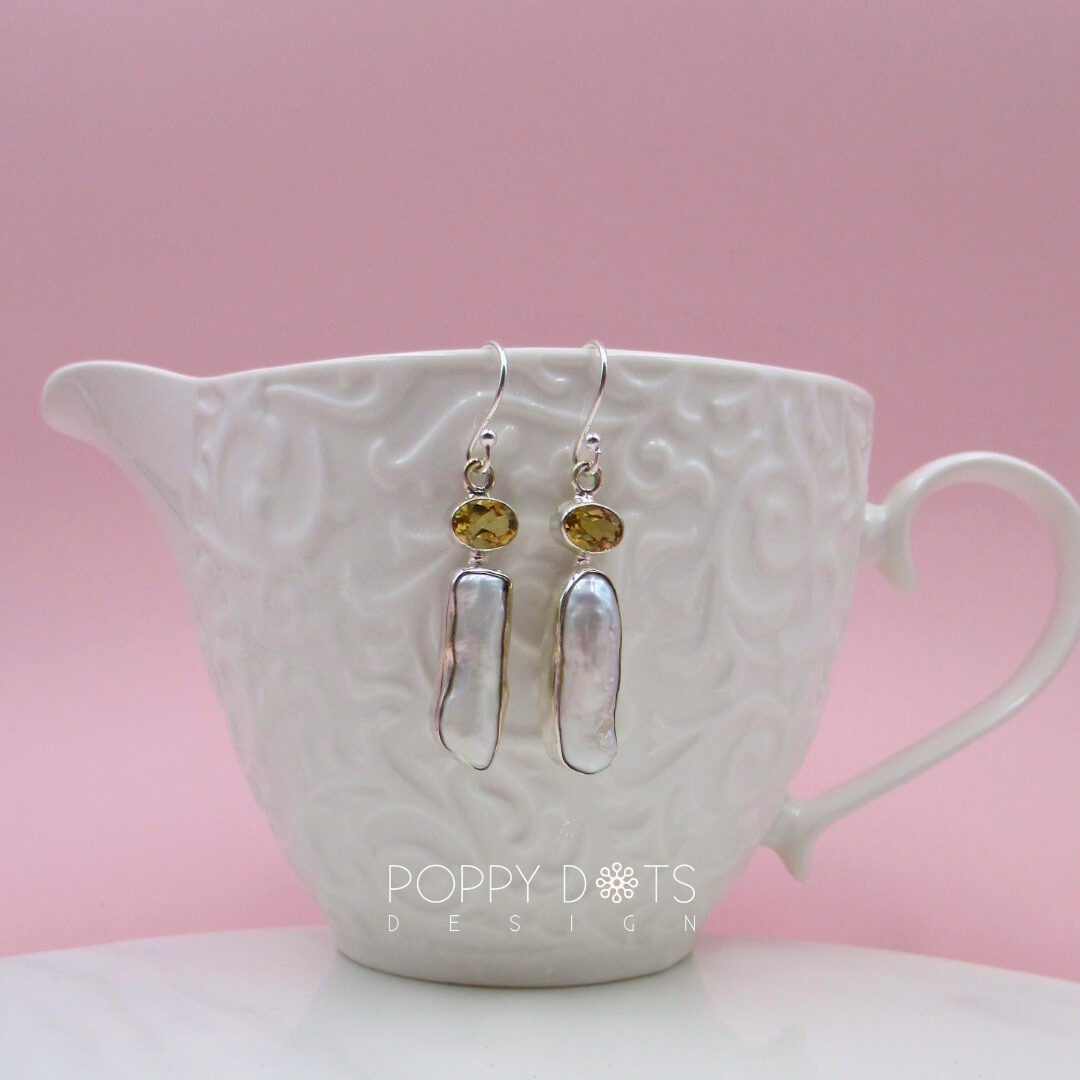 Exclusive Sterling Silver Citrine Quartz Long Pearl Earrings