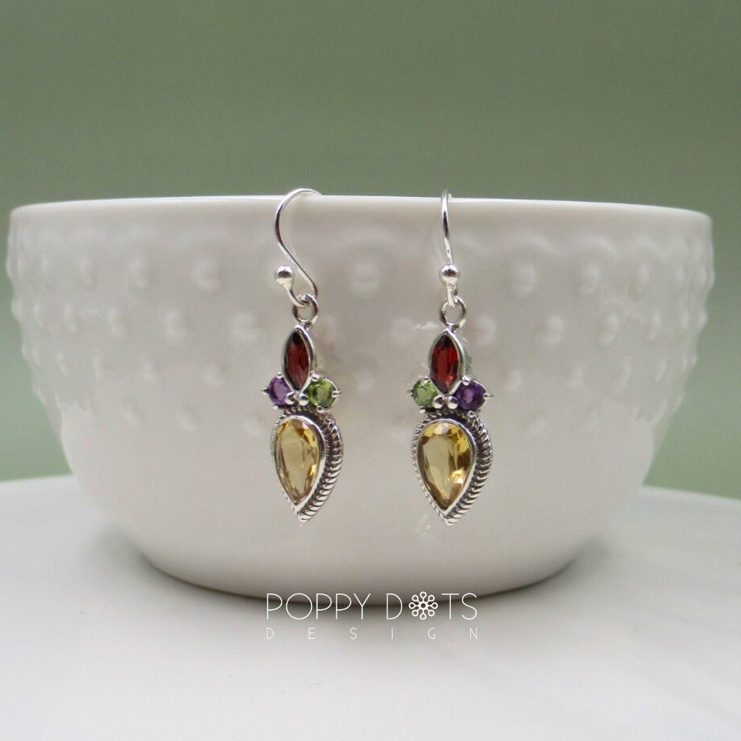 Sterling Silver Multicolour Citrine, Amethyst, Peridot and Garnet Earrings