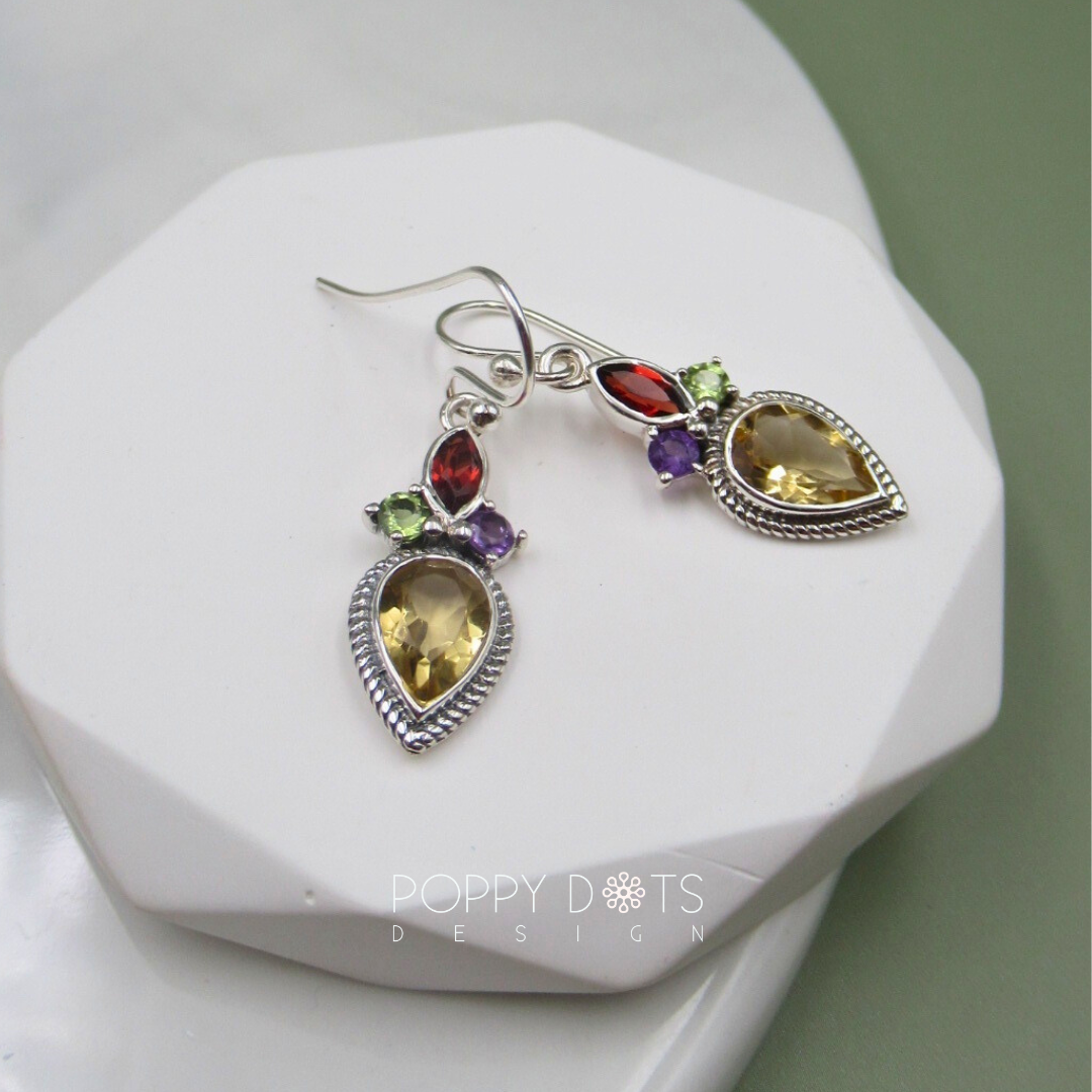 Sterling Silver Multicolour Citrine, Amethyst, Peridot and Garnet Earrings