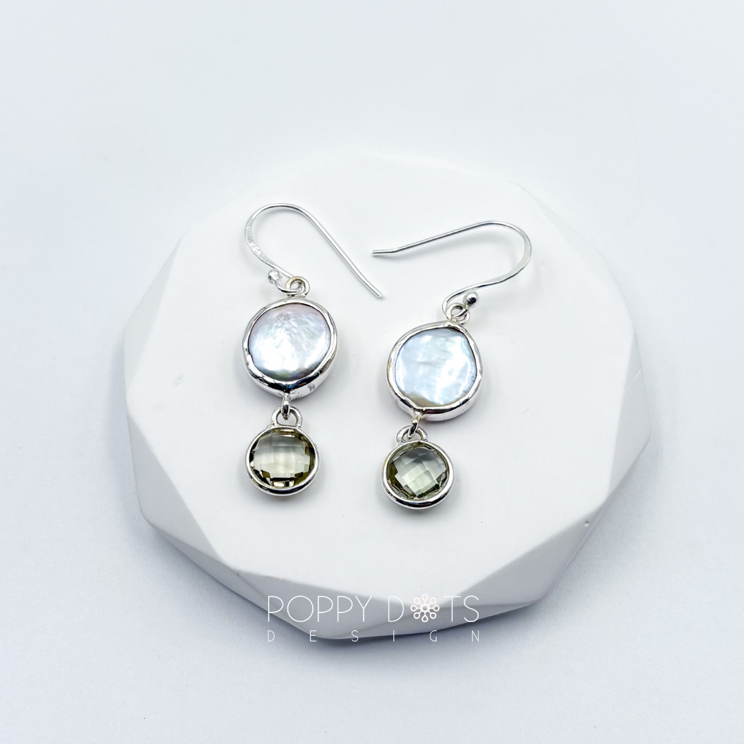 Luxurious Sterling Silver Coin Pearl Green Amethyst Earrings