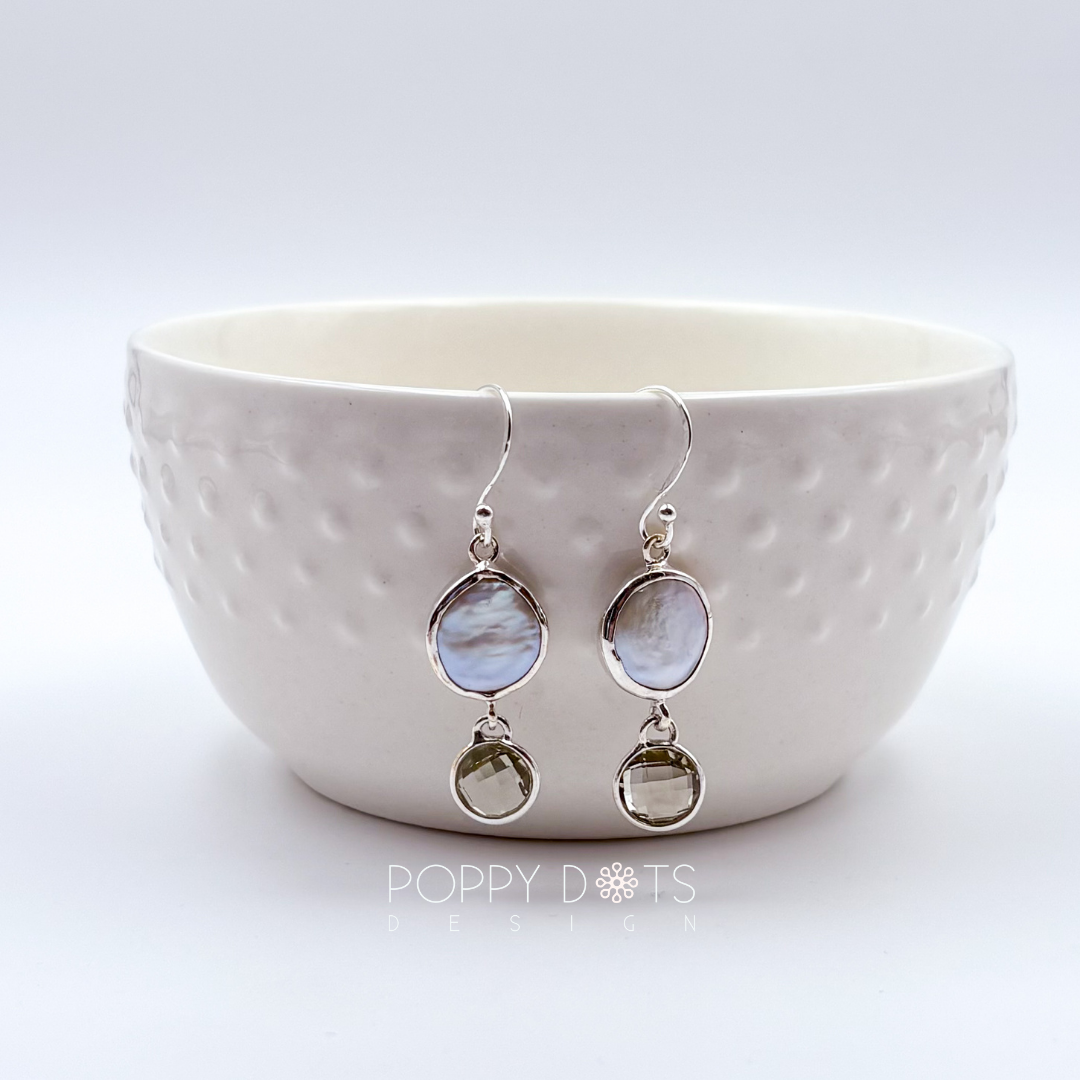 Luxurious Sterling Silver Coin Pearl Green Amethyst Earrings