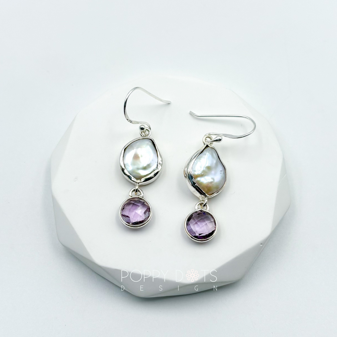 Luxurious Sterling Silver Coin Pearl Purple Amethyst Earrings
