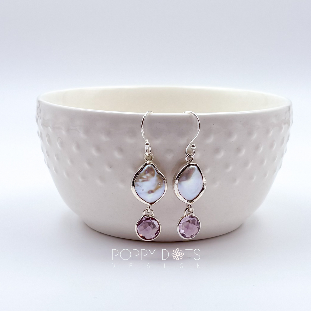 Luxurious Sterling Silver Coin Pearl Purple Amethyst Earrings
