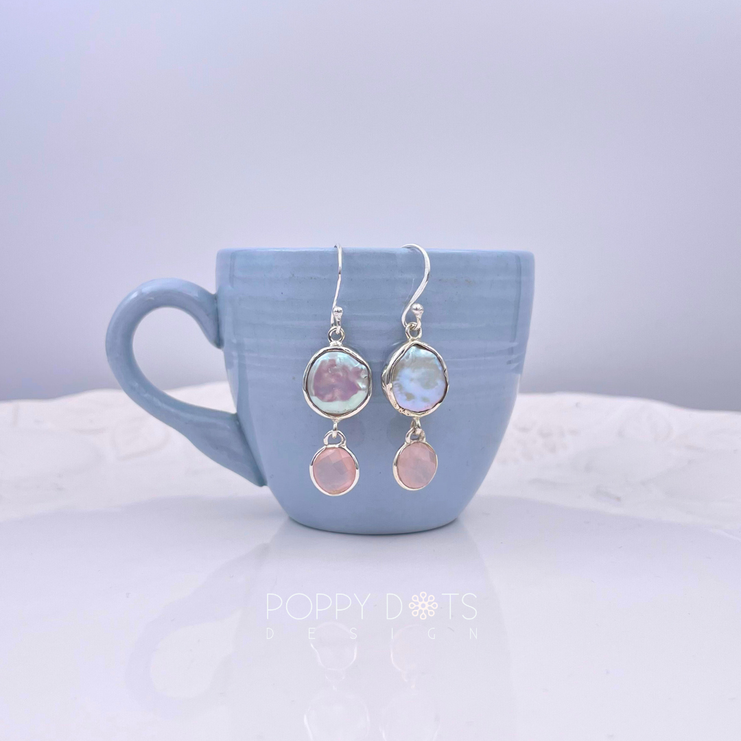 Luxurious Sterling Silver Coin Pearl Rose Quartz Earrings
