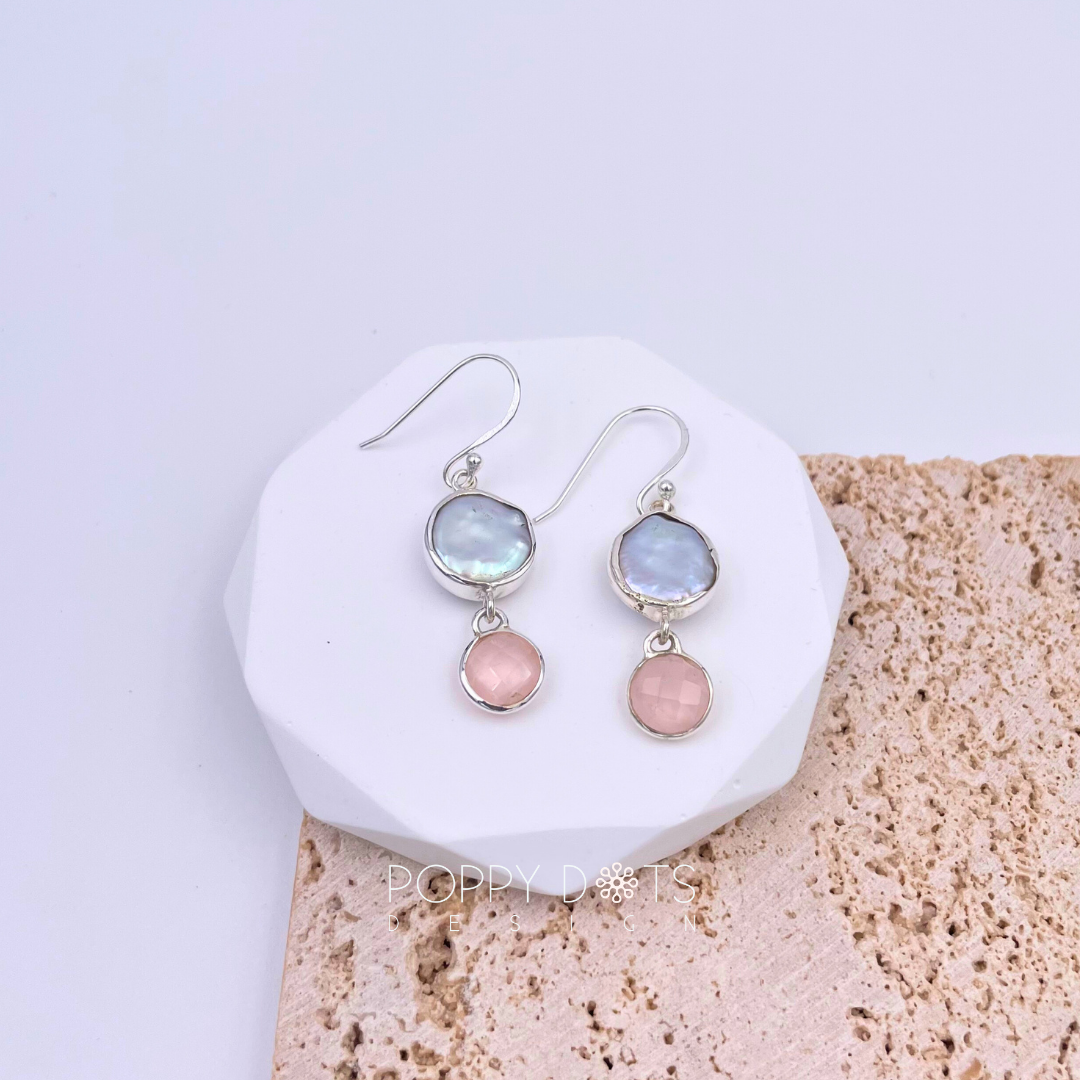 Luxurious Sterling Silver Coin Pearl Rose Quartz Earrings