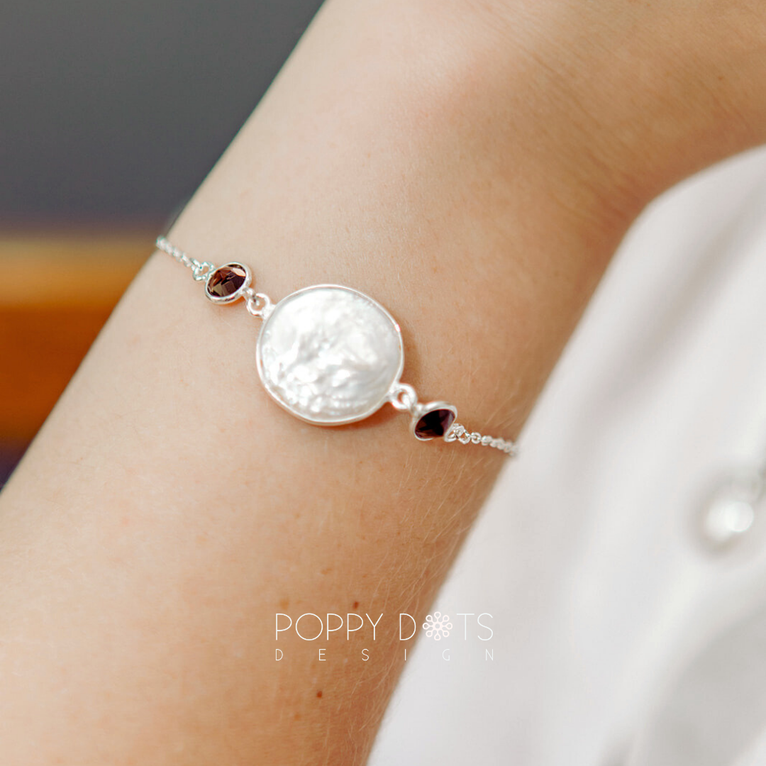 Sterling Silver Freshwater Coin Pearl and Smokey Quartz Bracelet