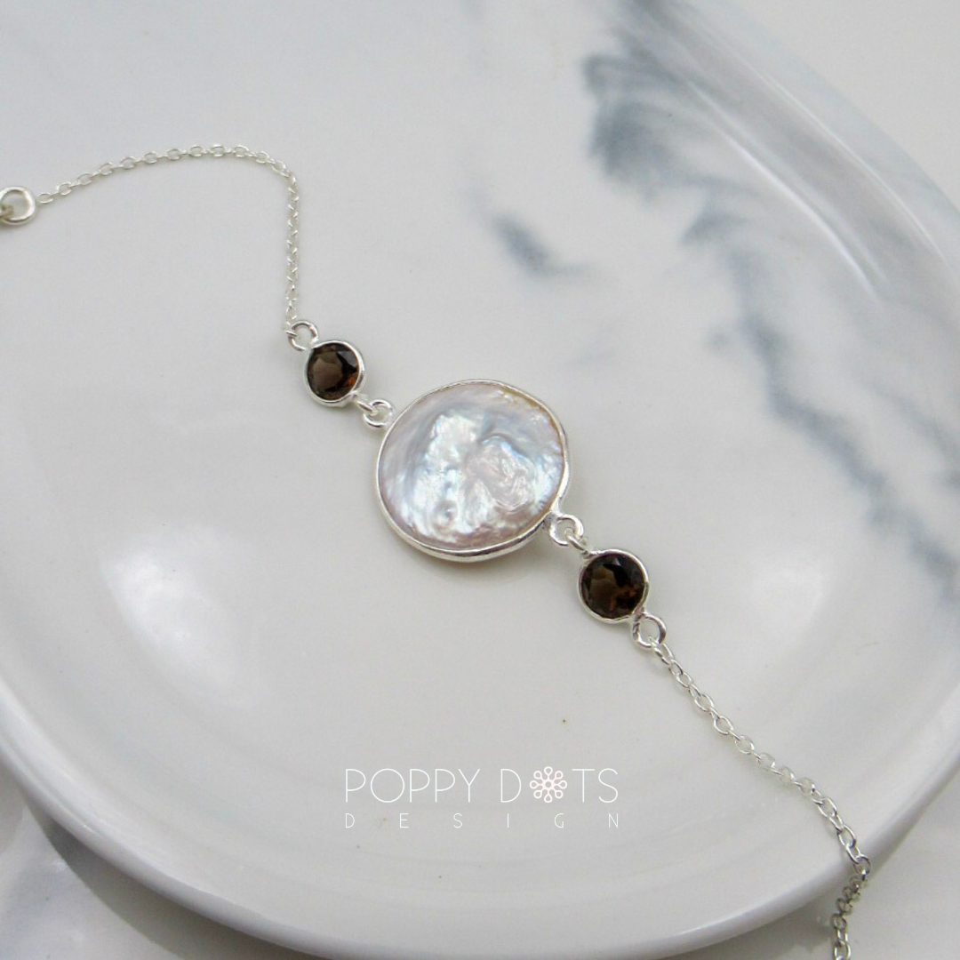 Sterling Silver Freshwater Coin Pearl and Smokey Quartz Bracelet
