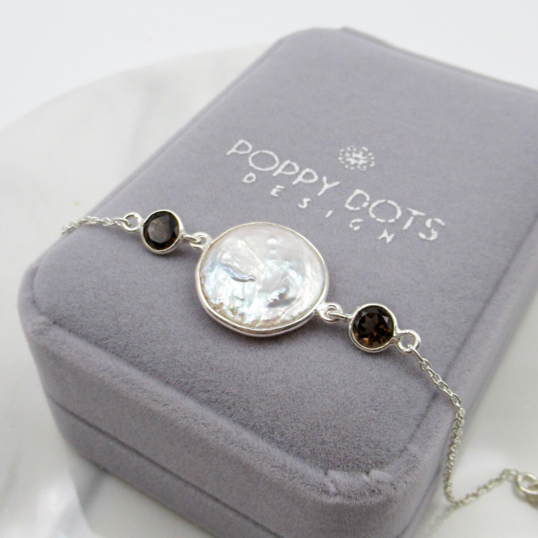 Sterling Silver Freshwater Coin Pearl and Smokey Quartz Bracelet
