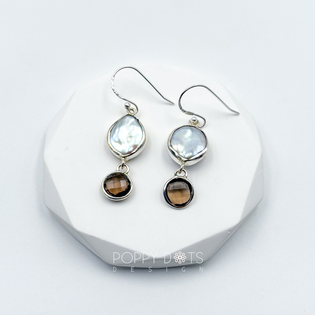 Luxurious Sterling Silver Coin Pearl Smokey Quartz Earrings