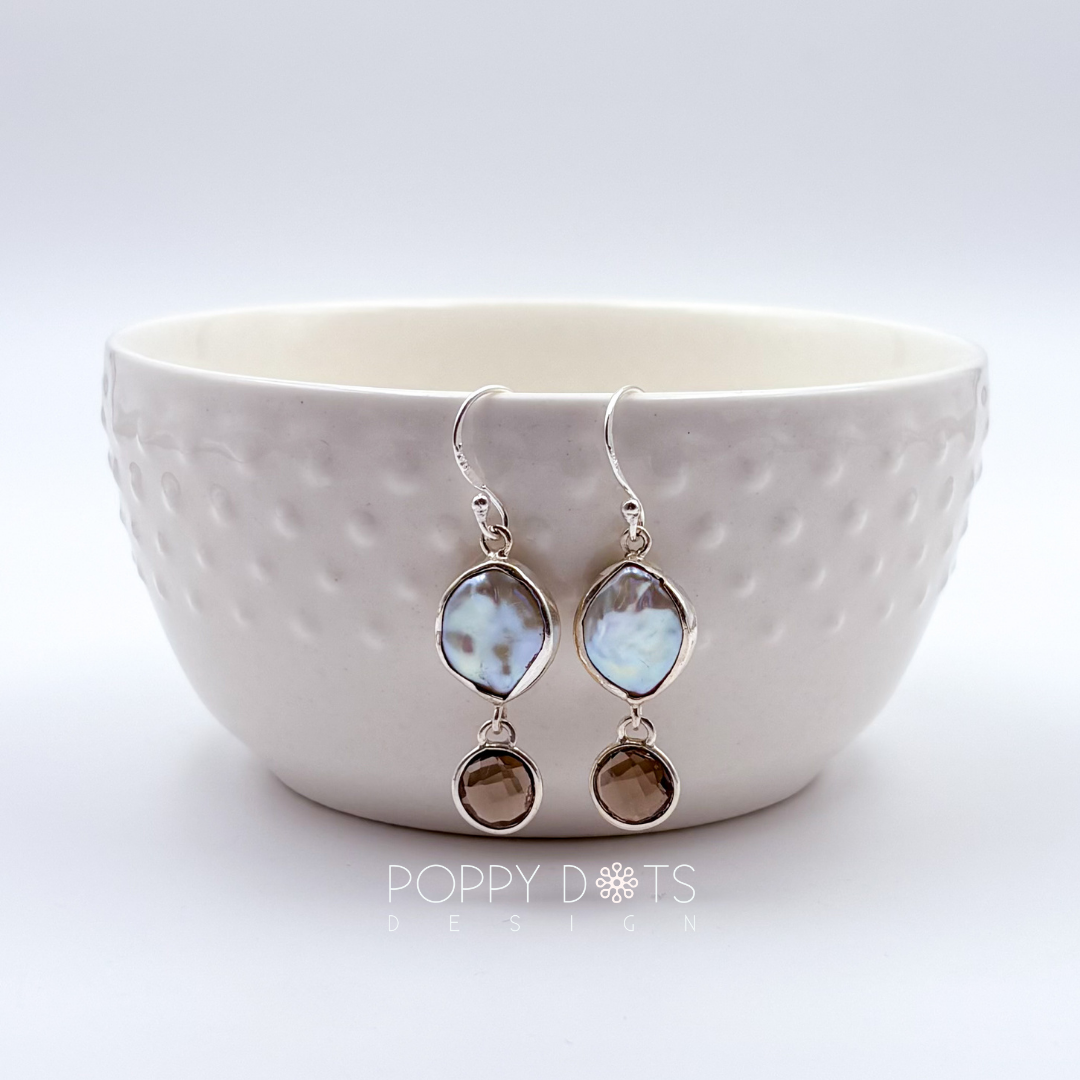 Luxurious Sterling Silver Coin Pearl Smokey Quartz Earrings