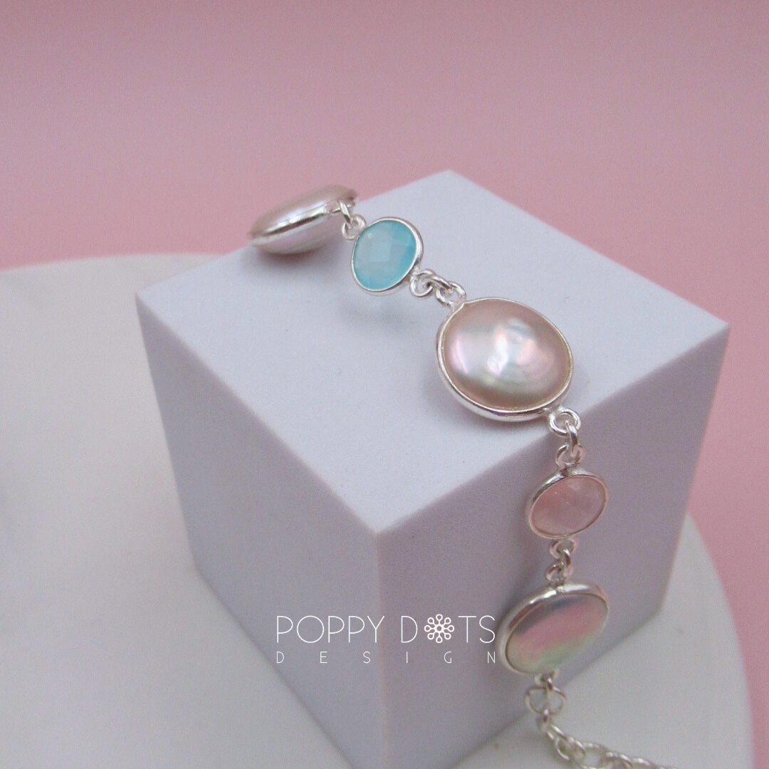 Sterling Silver Coin Pearl, Rose Quartz, Blue Onyx and Green Amethyst Bracelet