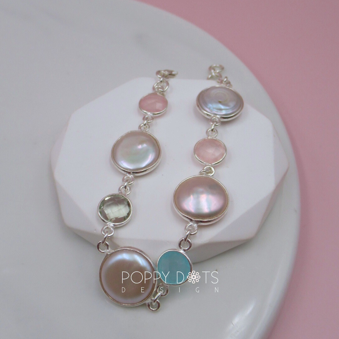 Sterling Silver Coin Pearl, Rose Quartz, Blue Onyx and Green Amethyst Bracelet