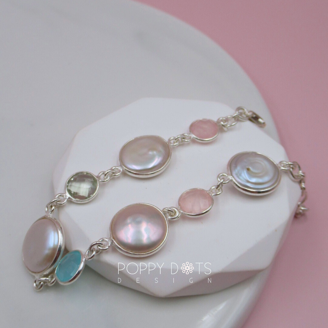 Sterling Silver Coin Pearl, Rose Quartz, Blue Onyx and Green Amethyst Bracelet