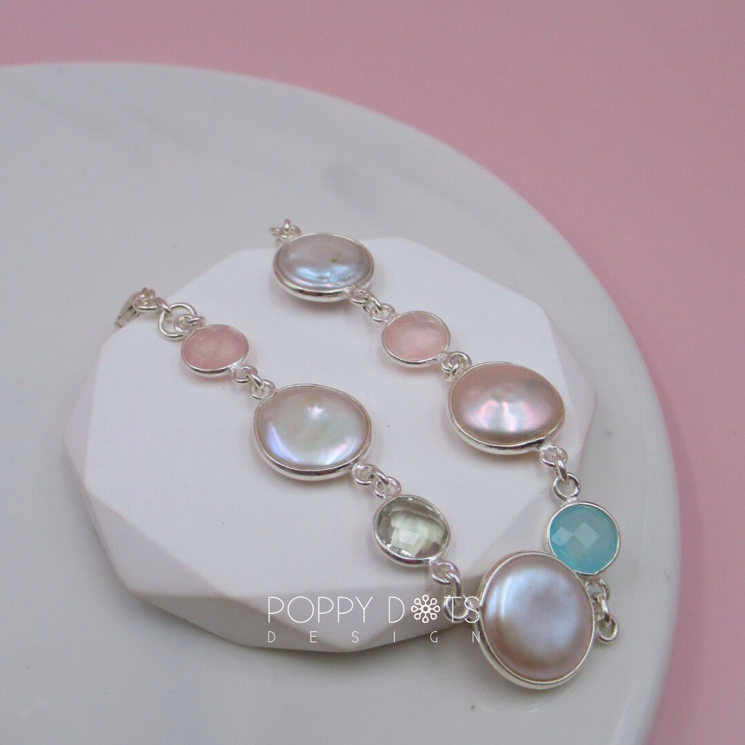 Sterling Silver Coin Pearl, Rose Quartz, Blue Onyx and Green Amethyst Bracelet
