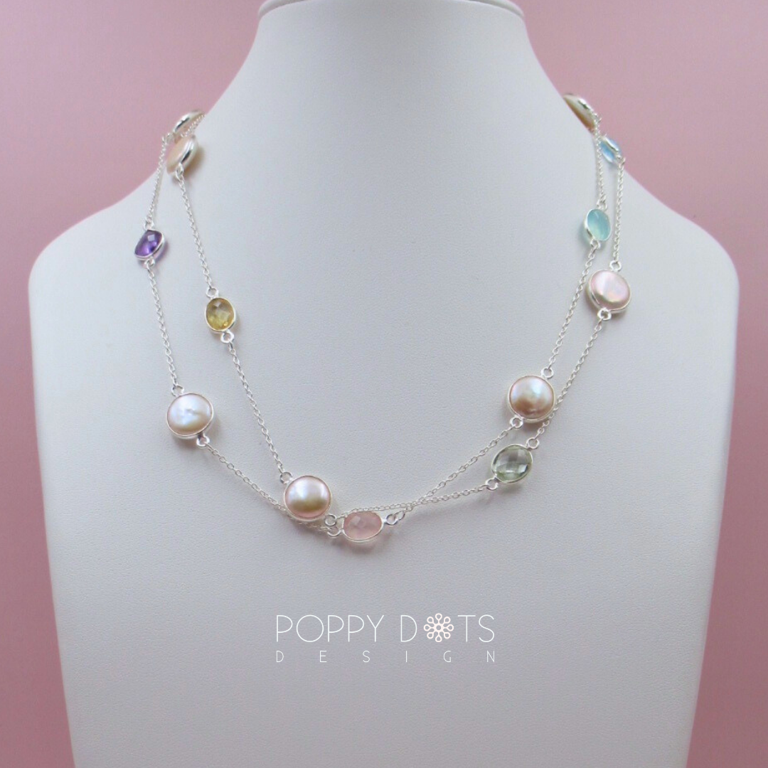 Sterling Silver Coin Pearl, Purple Amethyst, Blue Topaz, Citrine Quartz, Rose Quartz, Blue Onyx and Green Amethyst Necklace (90cm)